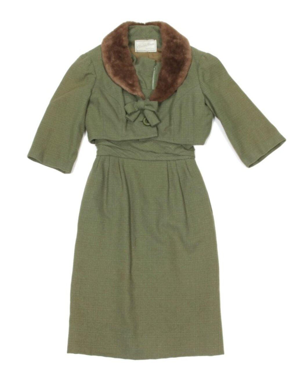 Vtg Nathan Strong Mid-Century 2 Piece Green Dress Cropped Jacket Fur Collar /886